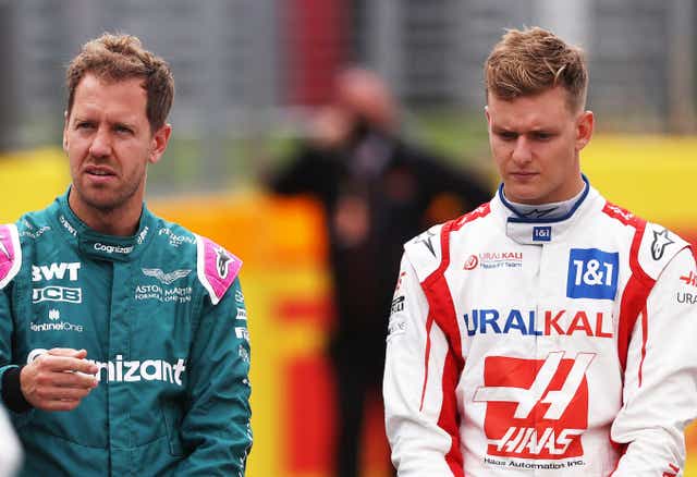 <p>Sebastian Vettel (left) has defended Mick Schumacher and suggested the Haas driver needs to be ‘left alone’ </p>