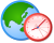 Graphic of a globe with a red analog clock