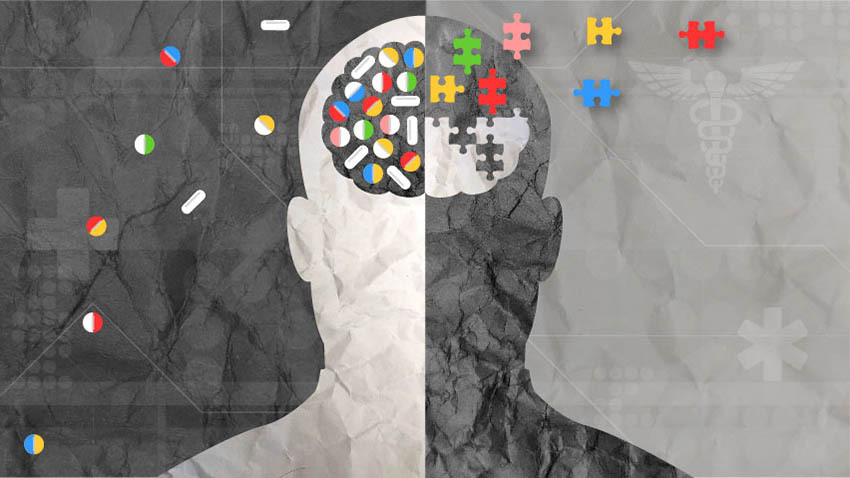 grey outline of a brain with the left side light grey and the right side dark grey and colorful puzzle pieces floating in and out of the brain