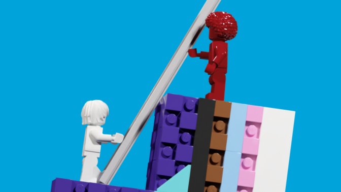 Two LEGO figures stand on a set of blocks featuring the transgender flag colors.