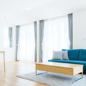 Blue curtains in apartment