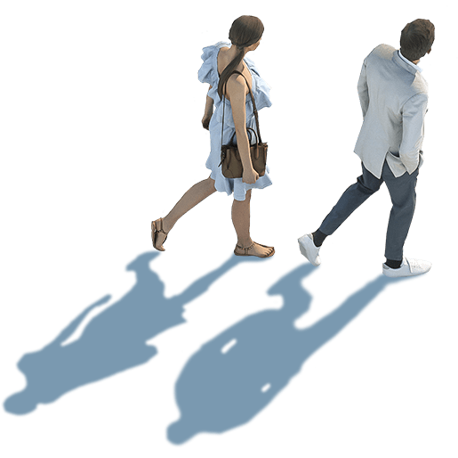 two people walking, casting shadows