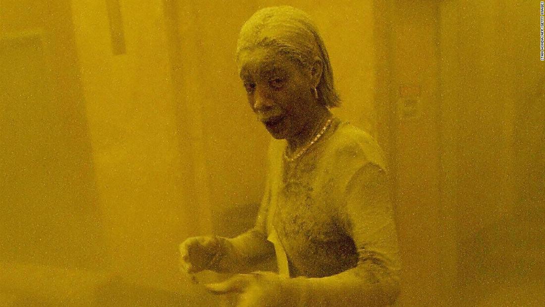Marcy Borders stands covered in dust as she takes refuge in an office building after one of the World Trade Center towers collapsed. Borders, who became known as &quot;Dust Lady,&quot; &lt;a href=&quot;http://www.cnn.com/2015/08/26/us/9-11-survivor-dust-lady-dies/index.html&quot; target=&quot;_blank&quot;&gt;died of stomach cancer in 2015.&lt;/a&gt; She was 42.