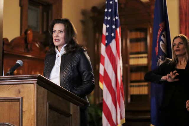 <p>Michigan Governor Gretchen Whitmer during a speech in Lansing, Mich. on Oct. 8, 2020. </p>