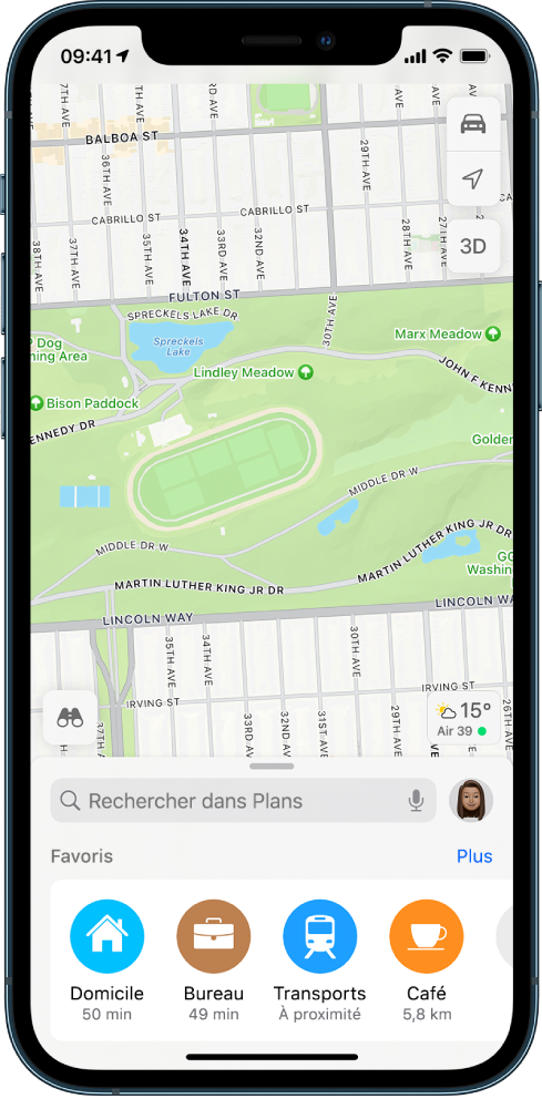Plan d’un parc, et quatre favoris affichés en bas de l’écran. Les favoris sont Domicile, Travail, Transports et Café.
