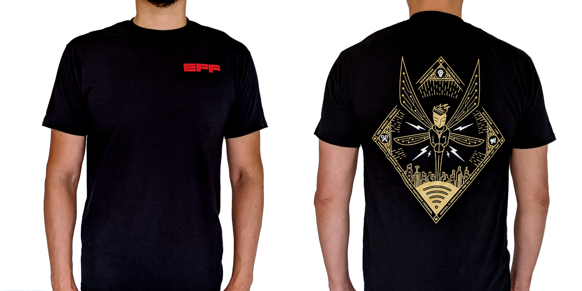 EFF's Stay Golden t-shirt. Front features EFF logo and back features golden figure soaring above a city.