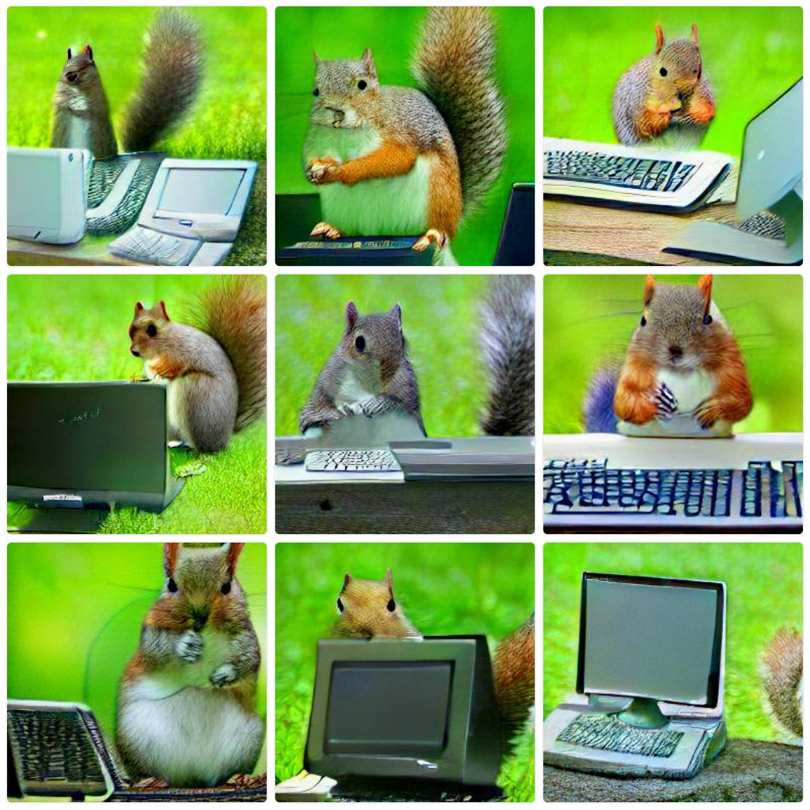 DALL·E mini-generated image showing a squirrel programming a computer.