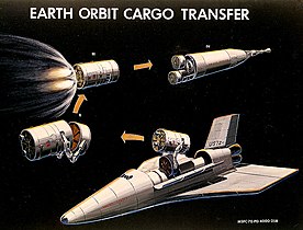 Concept of cargo transport from Space Shuttle to Nuclear Shuttle, 1960s
