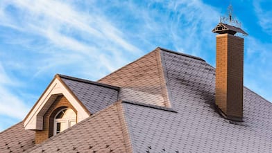 red brick chimney/ roof