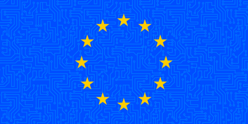 European Union Flag with Circuit Board Background