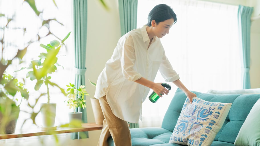 A woman disinfecting sofa pillows