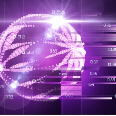 Digital illustration in purple of a sphere made of big data.