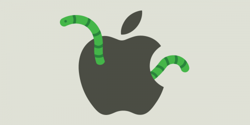 the standard apple logo in silver, with a cartoonish green worm poking through it on each side