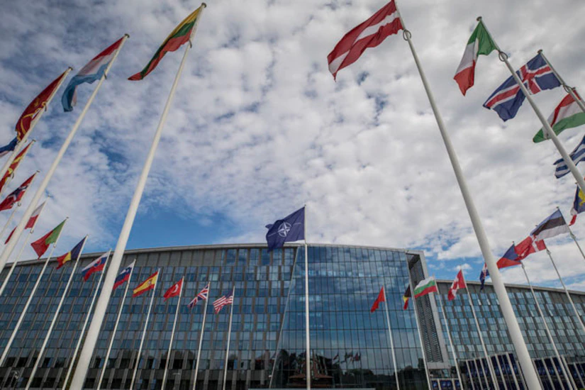 The flags of NATO members blow in the wind.