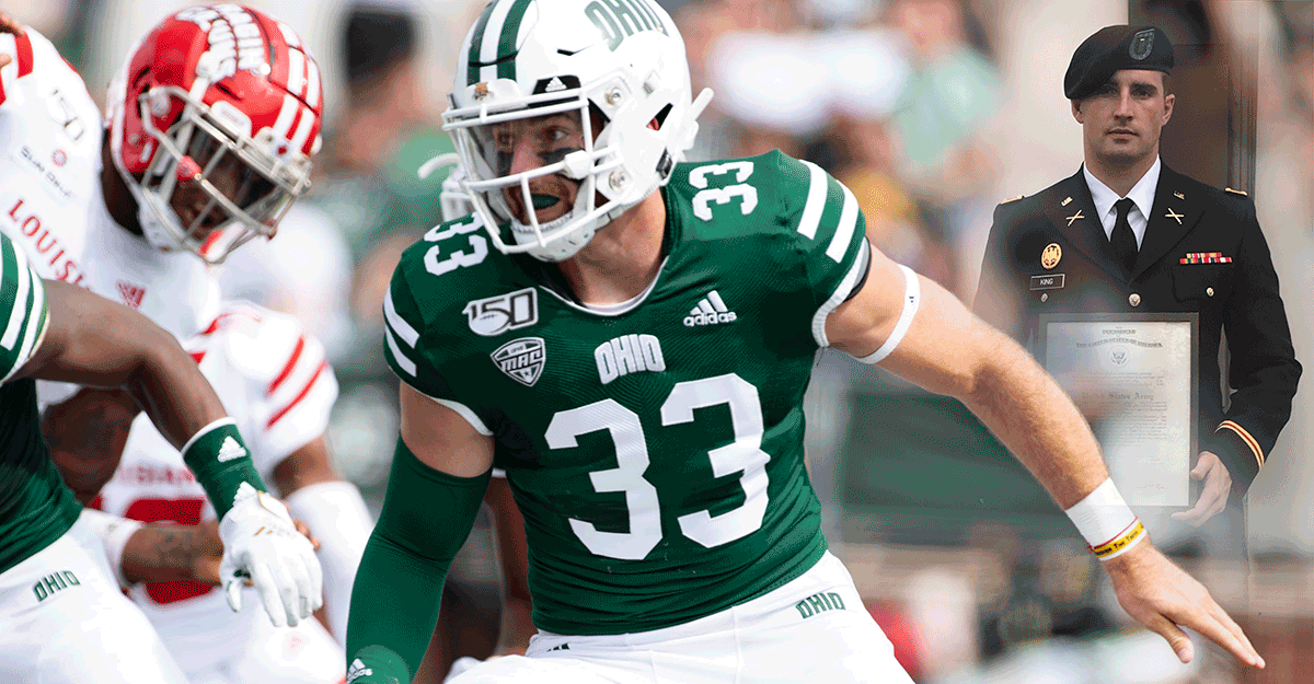 OU footbal player in uniform on field with super imposed image of him in military uniform.