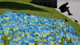 A boy looks at smartphone as he sits at on the verge of a grass plot decorated with small Ukrainian flags signed with the names of the Ukrainian servicemen killed in the war with Russia, in the center of Ukrainian capital of Kyiv on June 22, 2022.
