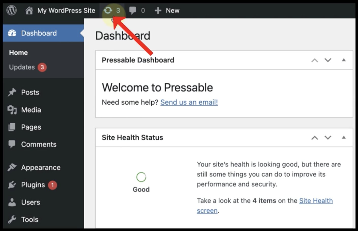 View of the WordPress admin dashboard with an icon indicating that three updates are available.