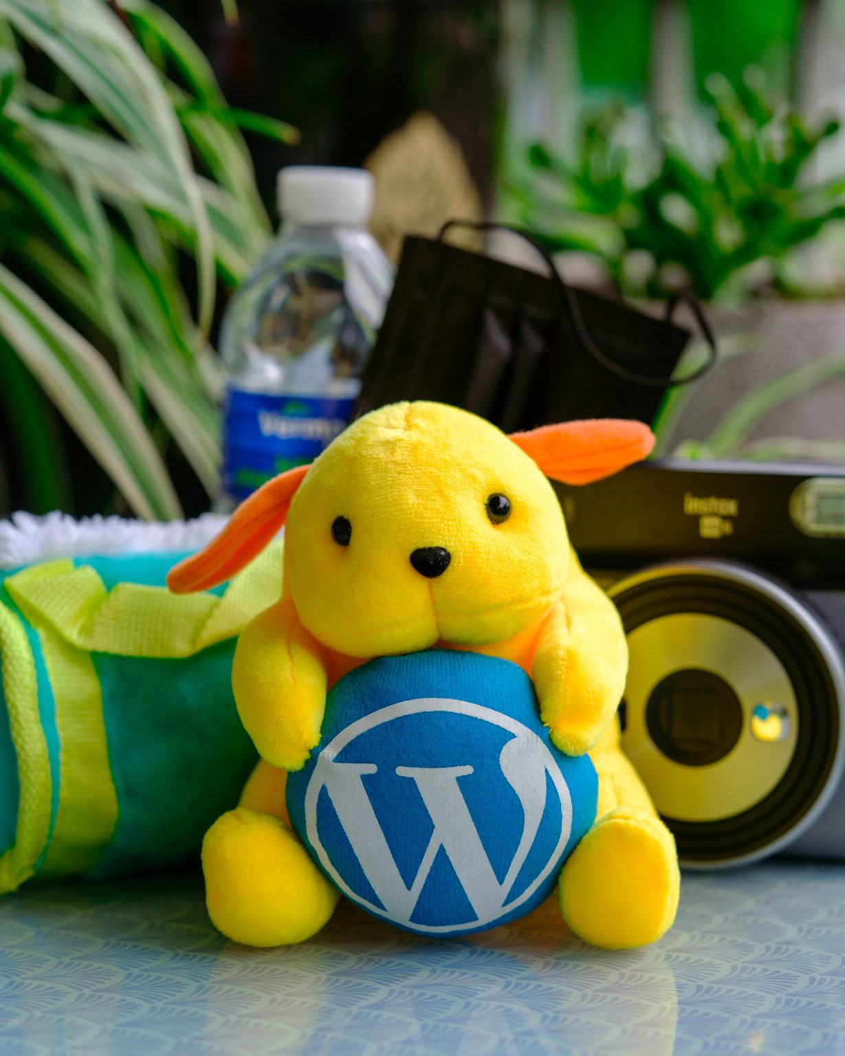 Yellow Wapuu plush toy with blue WordPress logo on a background with a camera, a green and blue bag, and black face mask, a bottle of water, and plants.
