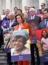 From left, Rep. Veronica Escobar, D-Texas, House Speaker Nancy Pelosi of California, and Rep. Jimmy Gomez, D-Calif., attend an event on the steps of the U.S. Capitol about gun violence, June 24, 2022. 