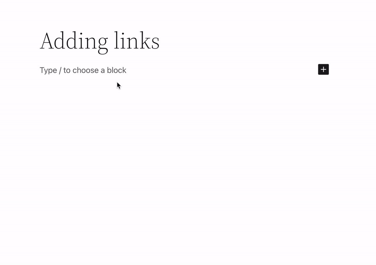 An animated example of how the inline links shortcut works: typing open square brackets instantly opens a menu with your site's internal pages and posts to choose from.