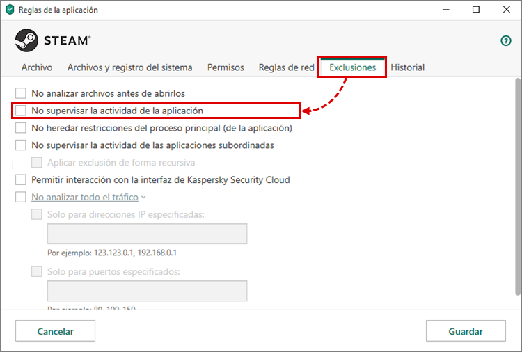 Cómo configurar las reglas y exclusiones para Steam en Kaspersky Internet Security