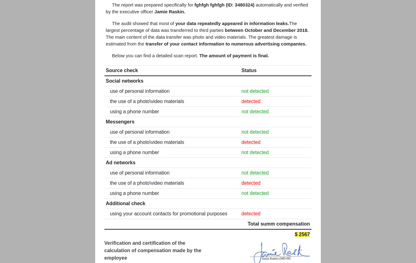 The site found information about a leak and calculated the amount of compensation