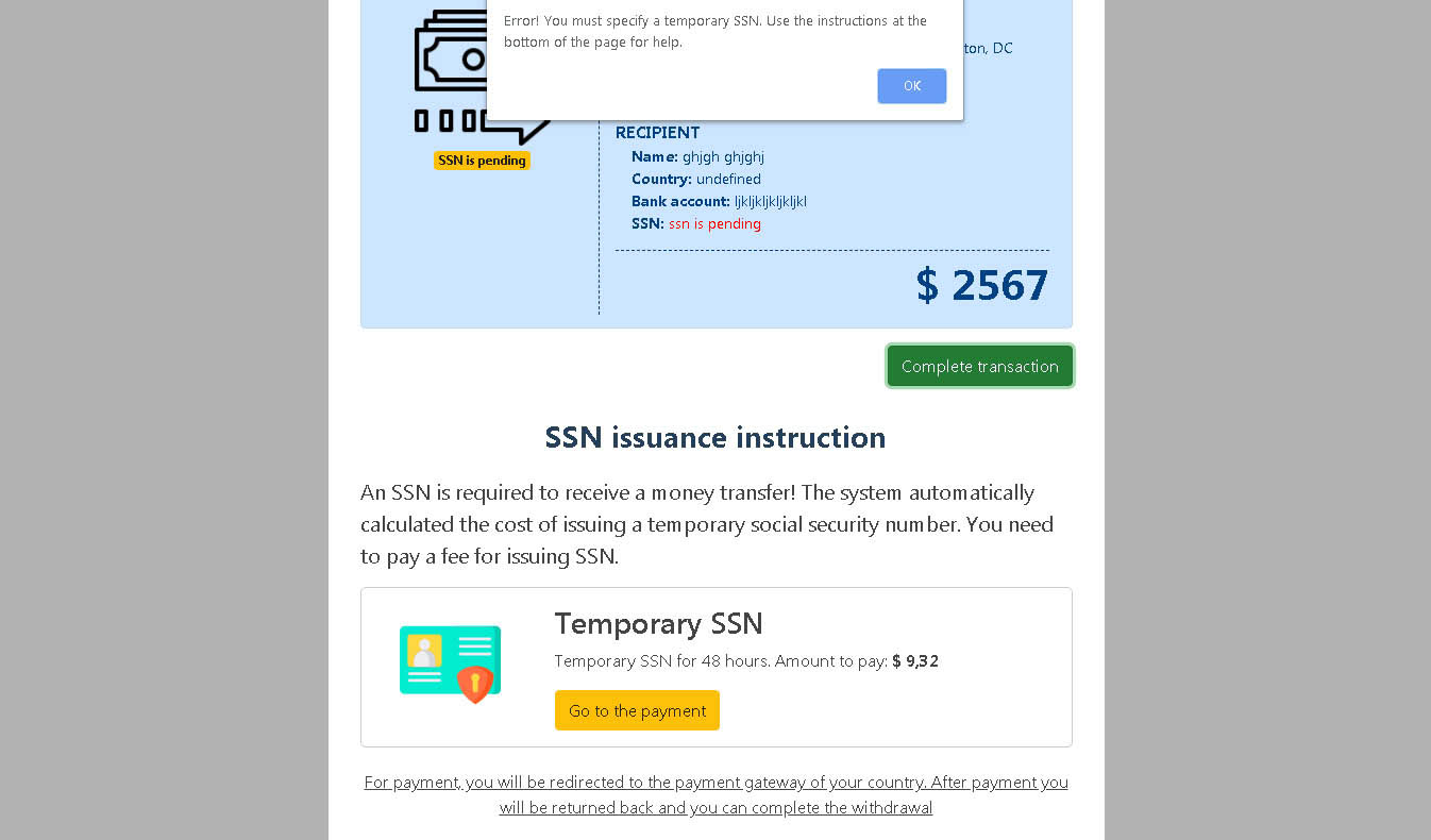 The site returns an error if the user tries to complete the transfer without a temporary SSN