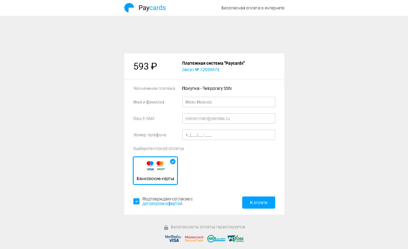 Russian-language temporary SSN payment form