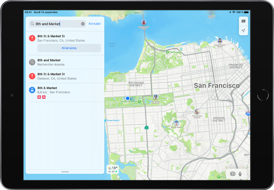 La fiche de recherche affichant une recherche vocale pour « 8th et Market » avec plusieurs résultats.