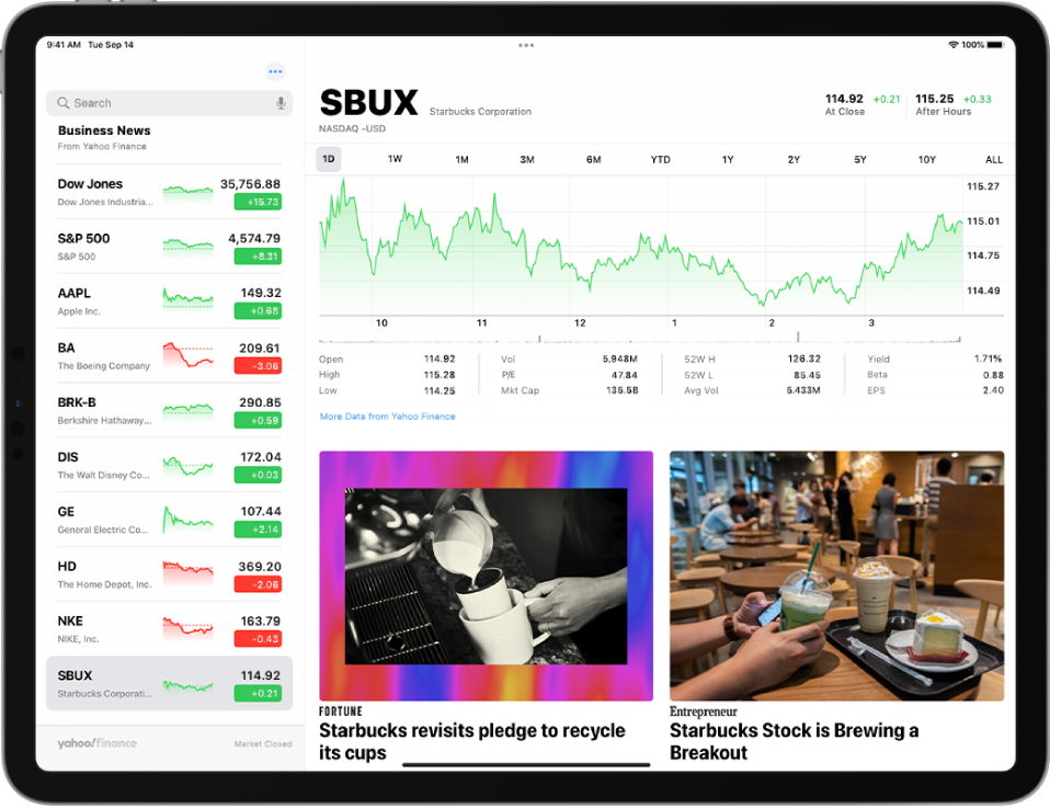 Екранът на Stocks (Акции) в хоризонтална ориентация. Полето за търсене е в горния ляв ъгъл. Под полето за търсене е списъкът за следене. Избрана е акция от списъка за следене. В средата на екрана графиката показва движението на избраната акция; избран е преглед за един ден. Над графиката има бутони за показване на движението на акцията за един ден, една седмица, един месец, три месеца, шест месеца, една година, две години, пет години или десет години. Под графиката са детайлите за акцията, например цена при отваряне, максимум и минимум и пазарна капитализация. Под графиката има свързана с тази акция статия от Apple News.