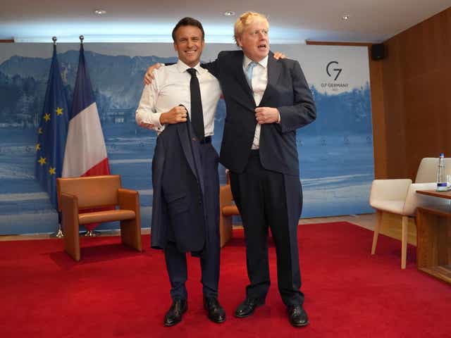 <p>French president Emmanuel Macron and UK prime minister Boris Johnson at G7</p>