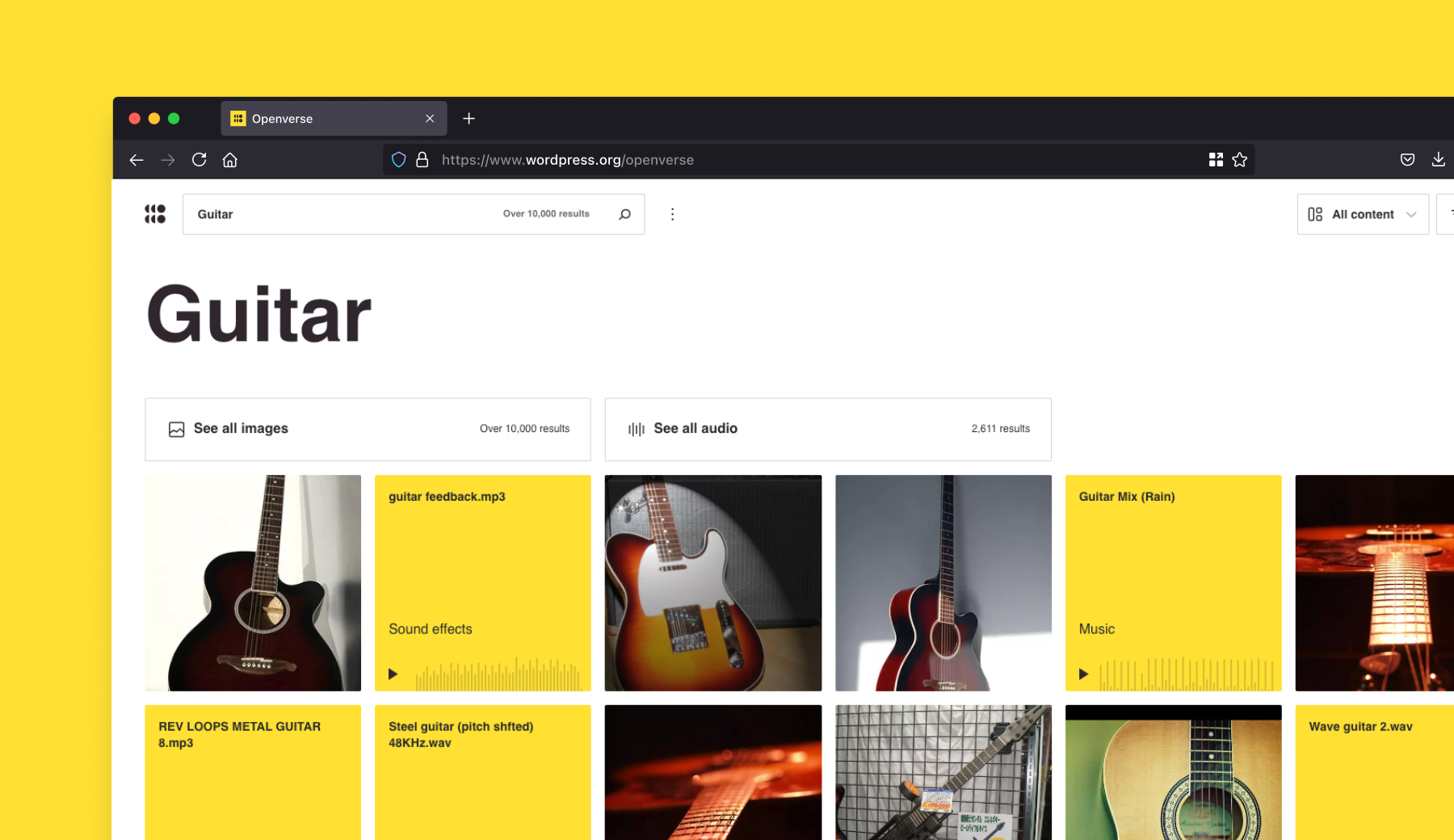 View of search results for "Guitar" in Openverse.