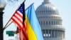 The flags of Ukraine, the United States, and the District of Columbia fly together on Pennsylvania Avenue near the Capitol, March 5, 2022, by order of the mayor of Washington. 