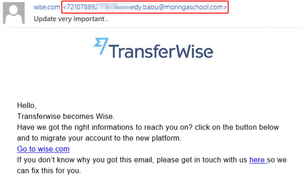 E-mail presumibilmente inviata da TransferWise riguardante la migrazione dell'account dell'utente su una nuova piattaforma