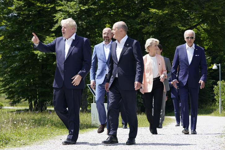 From left, British Prime Minister Boris Johnson, European Council President Charles Michel, German Chancellor Olaf Scholz, European Commission President Ursula von der Leyen and U.S. President Joe Biden  