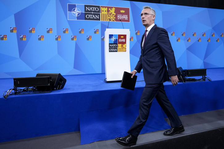 NATO Secretary-General Jens Stoltenberg arrives at a press conference during a NATO summit in Madrid, Spain on   June 28, 2022. 