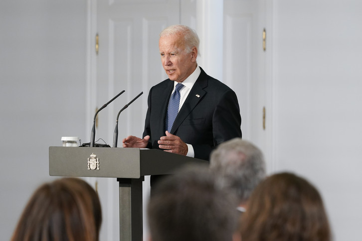 President Joe Biden speaks at the Palace of Moncloa in Madrid, Tuesday, June 28, 2022. Biden will also be attending the North Atlantic Treaty Organization summit in Madrid. (AP Photo/Susan Walsh)