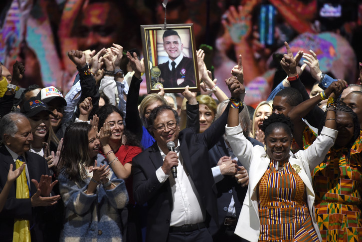 Newly elected President of Colombia Gustavo Petro and Vice-President Francia Marquez celebrate after winning the presidential runoff.