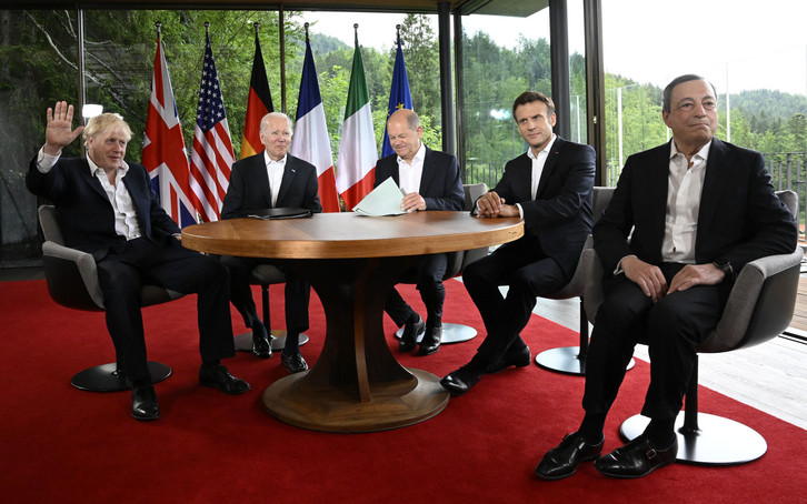 From left, Britain's Prime Minister Boris Johnson, US President Joe Biden, Germany's Chancellor Olaf Scholz, France's President Emmanuel Macron and Italy's Prime Minister Mario Draghi pose for a photo.