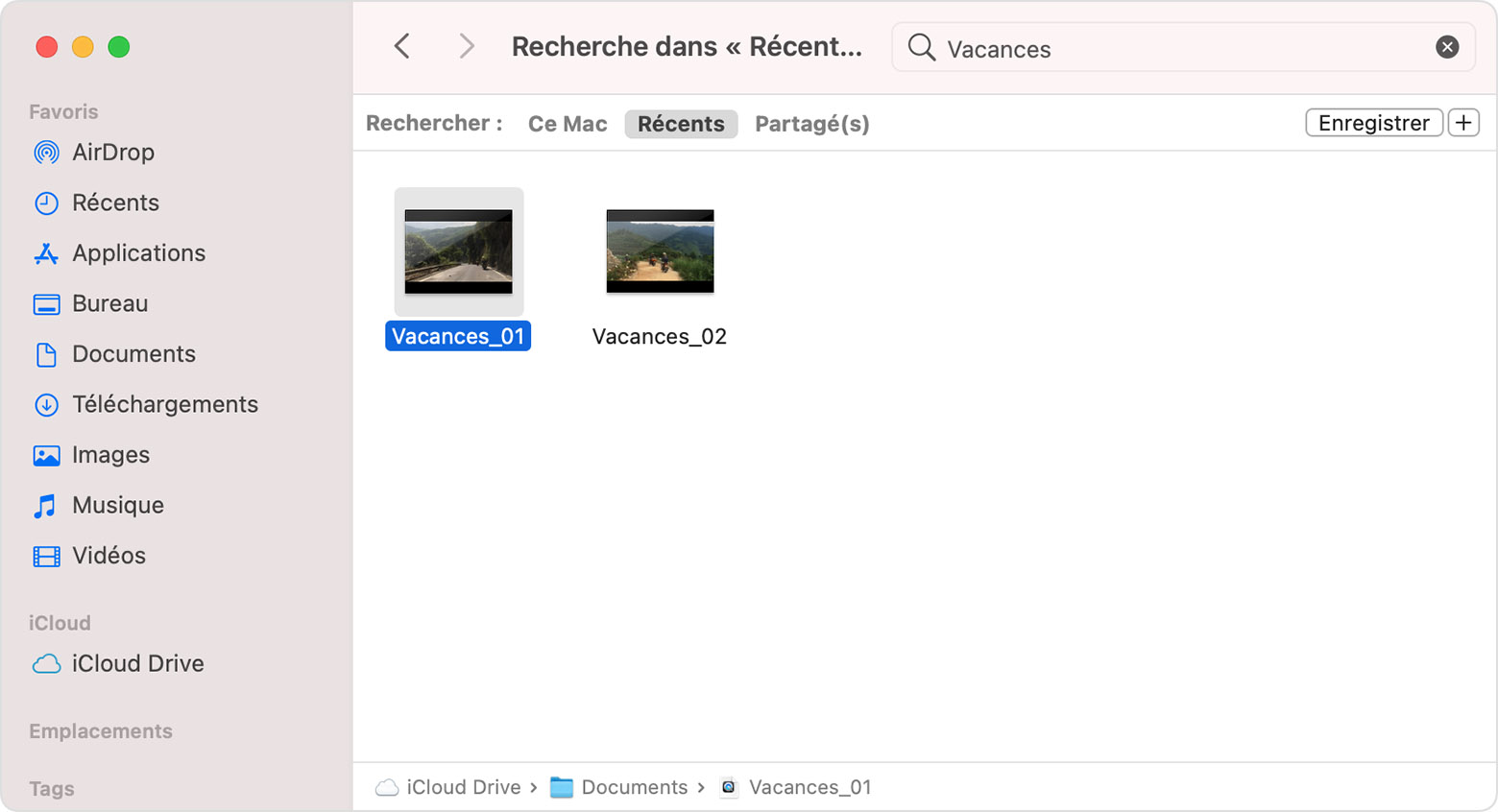 Résultats de la recherche dans la fenêtre du Finder macOS, avec le chemin d’accès au fichier affiché dans la barre inférieure