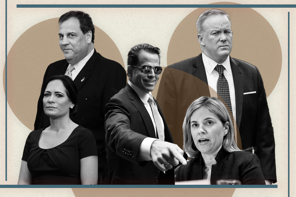 Photo collage of people formerly involved in the Trump administration: Katie Walsh, Anthony Scaramucci, Chris Christie, Sean Spicer, and Stephanie Grisham. 
