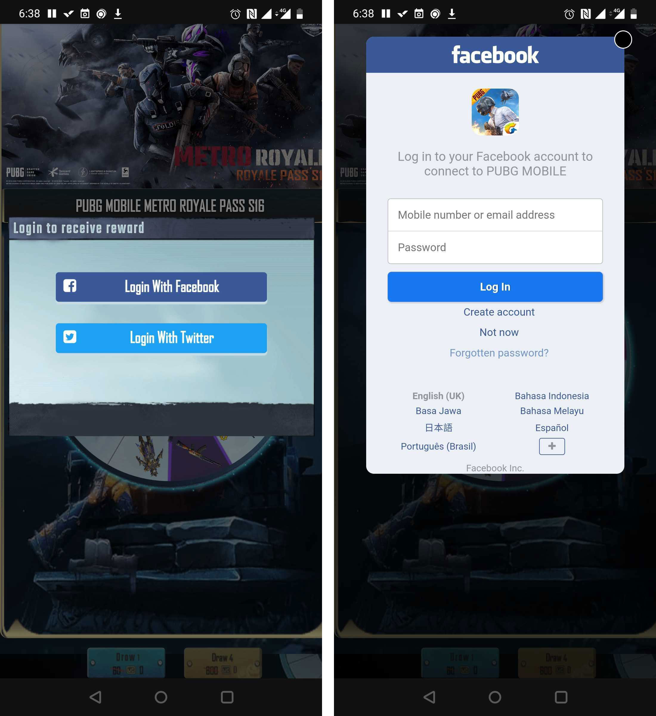 Páginas de phishing con inicio de sesión mediante Twitter o Facebook, una opción muy familiar para los jugadores de PUBG Mobile