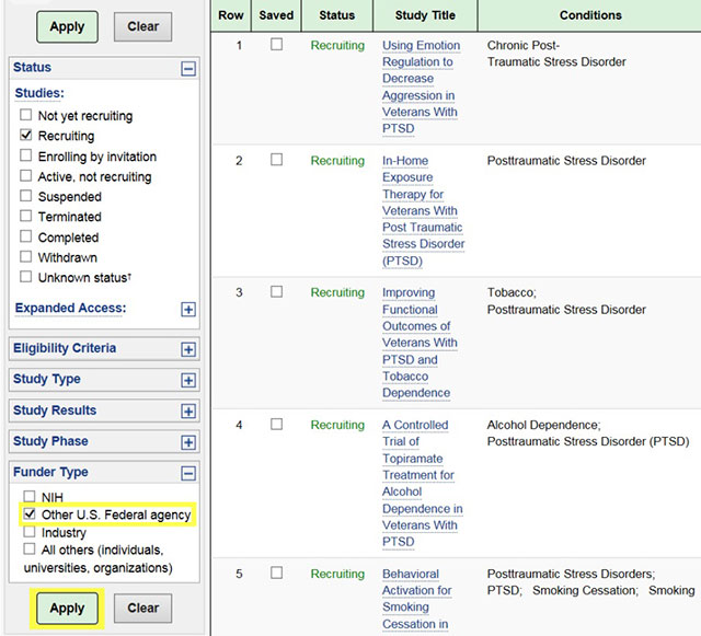 Clinical trials screen 2 - search and filter for studies