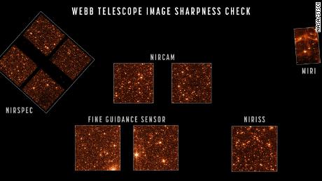 Engineering images of sharply focused stars in the field of view of each instrument demonstrate that the telescope is fully aligned and in focus. For this test, Webb pointed at part of the Large Magellanic Cloud, a small satellite galaxy of the Milky Way, providing a dense field of hundreds of thousands of stars across all the observatory&#39;s sensors. The sizes and positions of the images shown here depict the relative arrangement of each of Webb&#39;s instruments in the telescope&#39;s focal plane, each pointing at a slightly offset part of the sky relative to one another. Webb&#39;s three imaging instruments are NIRCam (images shown here at a wavelength of 2 microns), NIRISS (image shown here at 1.5 microns), and MIRI (shown at 7.7 microns, a longer wavelength revealing emission from interstellar clouds as well as starlight). NIRSpec is a spectrograph rather than imager but can take images, such as the 1.1 micron image shown here, for calibrations and target acquisition. The dark regions visible in parts of the NIRSpec data are due to structures of its microshutter array, which has several hundred thousand controllable shutters that can be opened or shut to select which light is sent into the spectrograph. Lastly, Webb&#39;s Fine Guidance Sensor tracks guide stars to point the observatory accurately and precisely; its two sensors are not generally used for scientific imaging but can take calibration images such as those shown here. This image data is used not just to assess image sharpness but also to precisely measure and calibrate subtle image distortions and alignments between sensors as part of Webb&#39;s overall instrument calibration process.