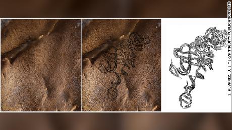 Enigmatic figure of swirling lines, with a round head at one end and a possible rattlesnake tail at the other (2.12m wide) from 19th Unnamed Cave, Alabama 