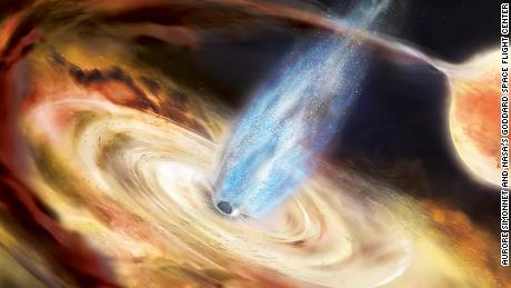 In this illustration, a black hole pulls material off a neighboring star and into an accretion disk.