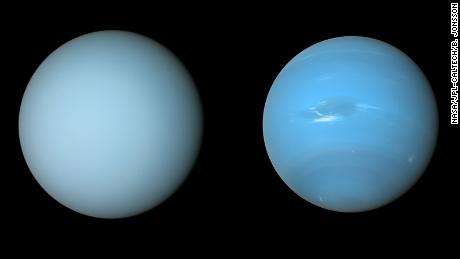 NASA&#39;s Voyager 2 spacecraft captured these views of Uranus (on the left) and Neptune (on the right) during its flybys of the planets in the 1980s.