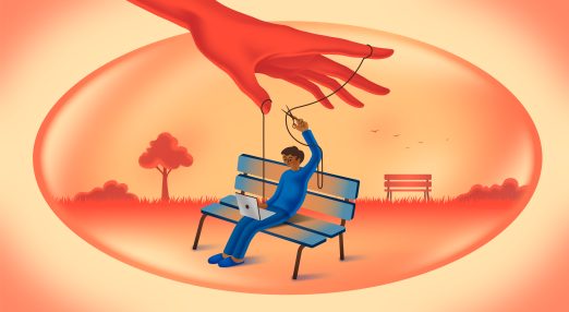 An image showing a person on a bench, using a laptop, while being in a bubble. Their laptop seems to be controlled by the wires a hand holds above the person's head. The person i cutting the ties held by the hand.