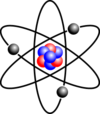 Stylised atom with three Bohr model orbits and stylised nucleus.png