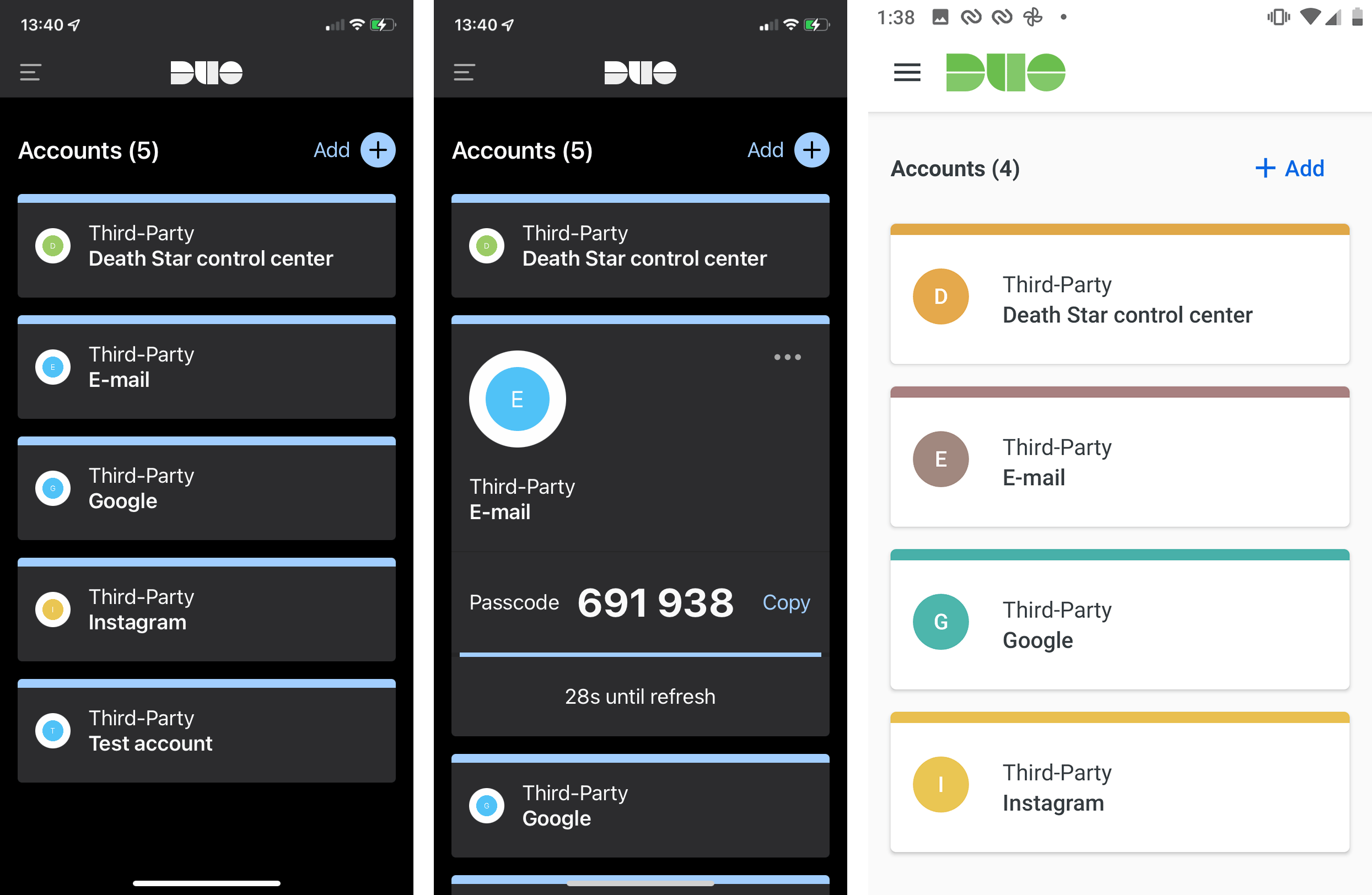 Die Android-Version von Cisco Duo Mobile erlaubt Benutzern zeitlich begrenzt Screenshots zu machen, deshalb können wir Ihnen für diesen Authenticator die Screenshots beider Versionen zeigen